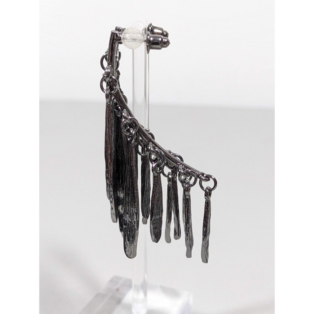 Pierced Gray Metallic Teardrop Charm Curved Bar Drop Earrings